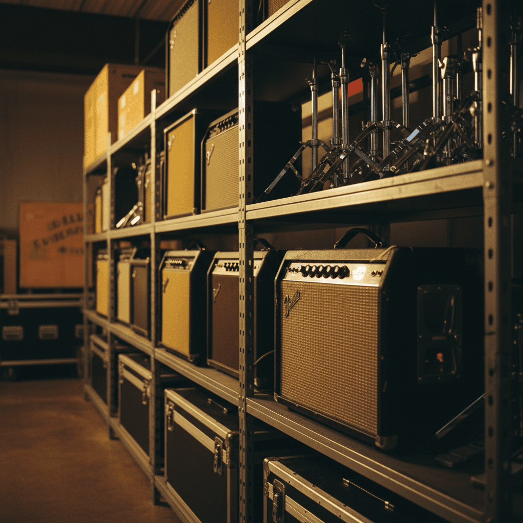 Organized equipment and amplifiers ready for rental