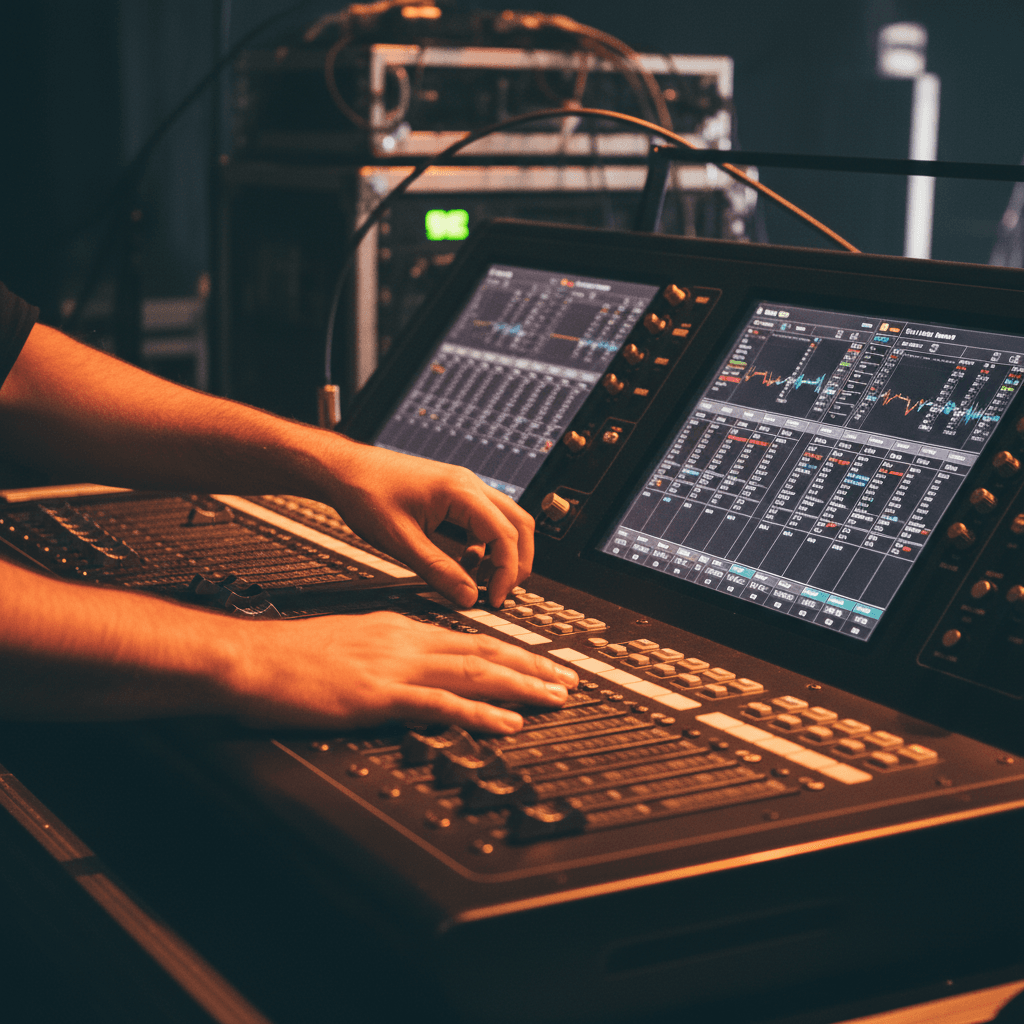 Sound engineer adjusting live mixing console
