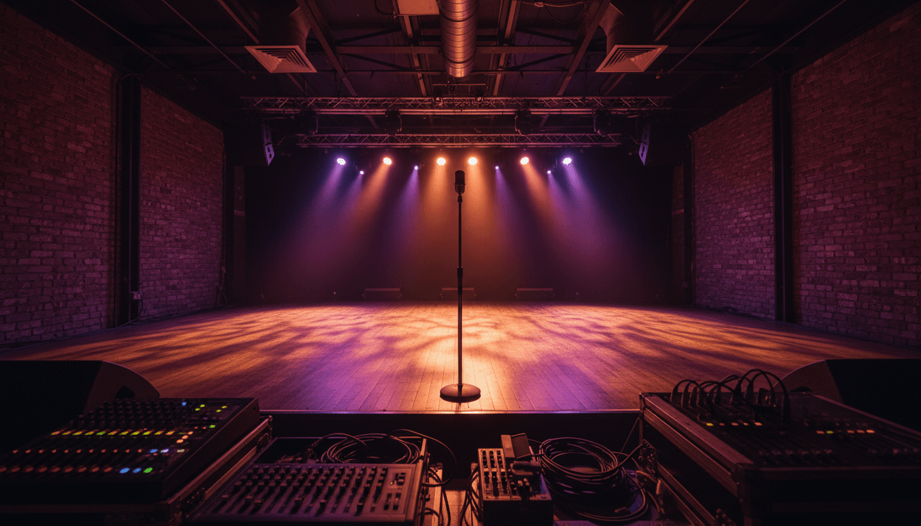 Professional performance stage with warm lighting and audio equipment ready for musicians and comedians