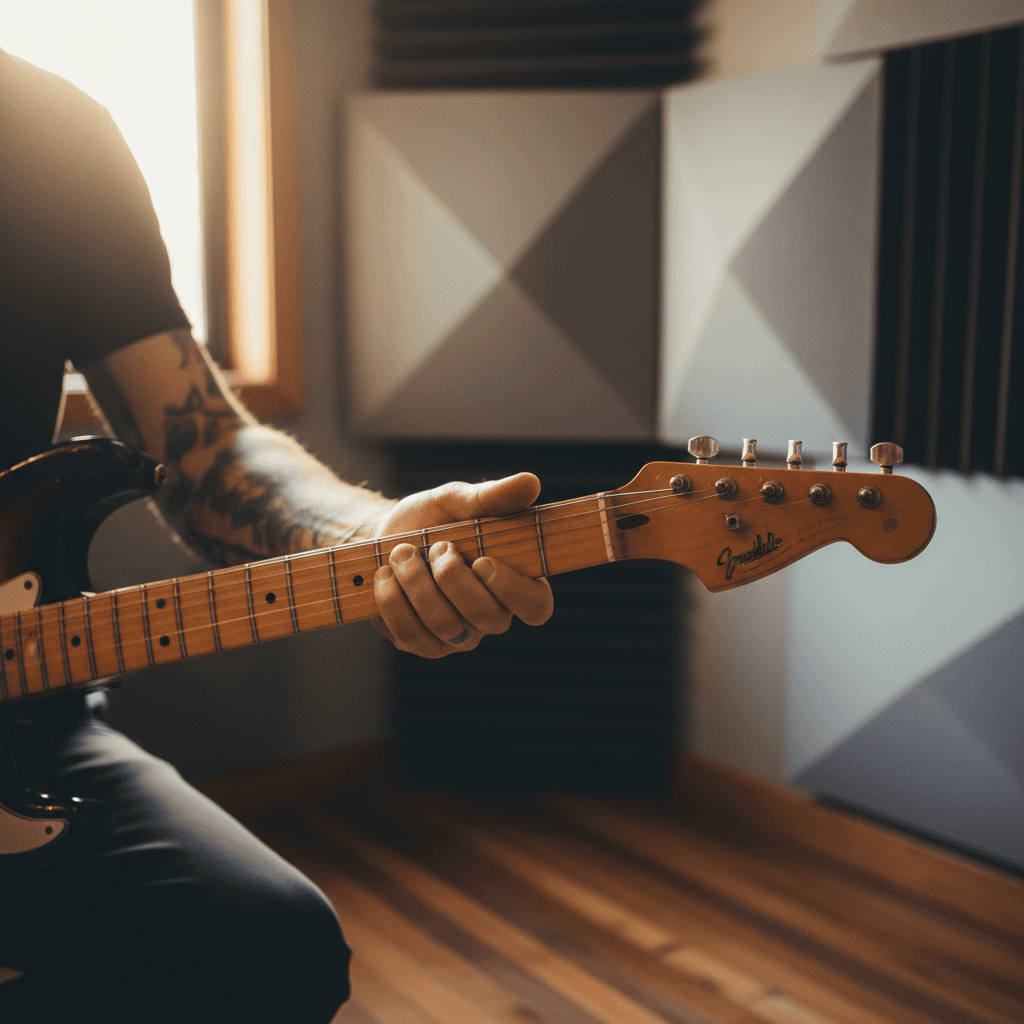 Musician tuning guitar in rehearsal room